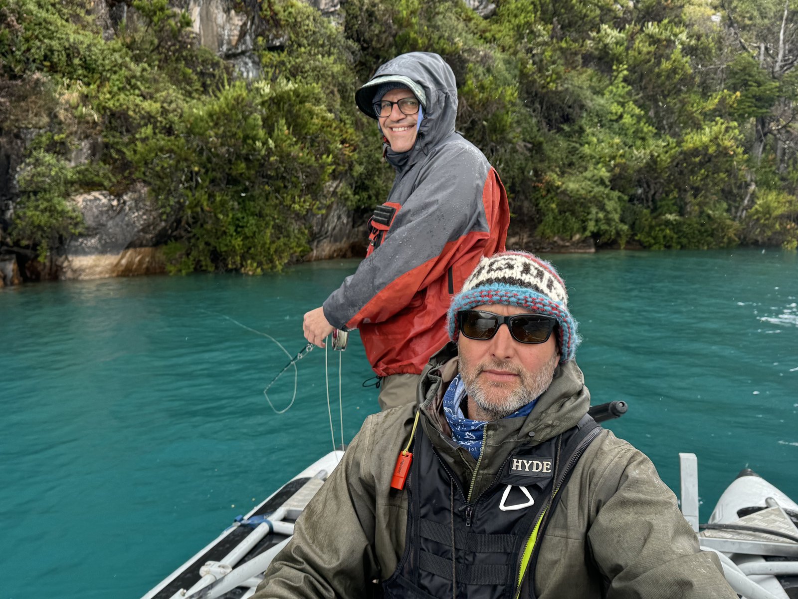 Guided raft fly fishing on turquoise water in Chilean Patagonia
